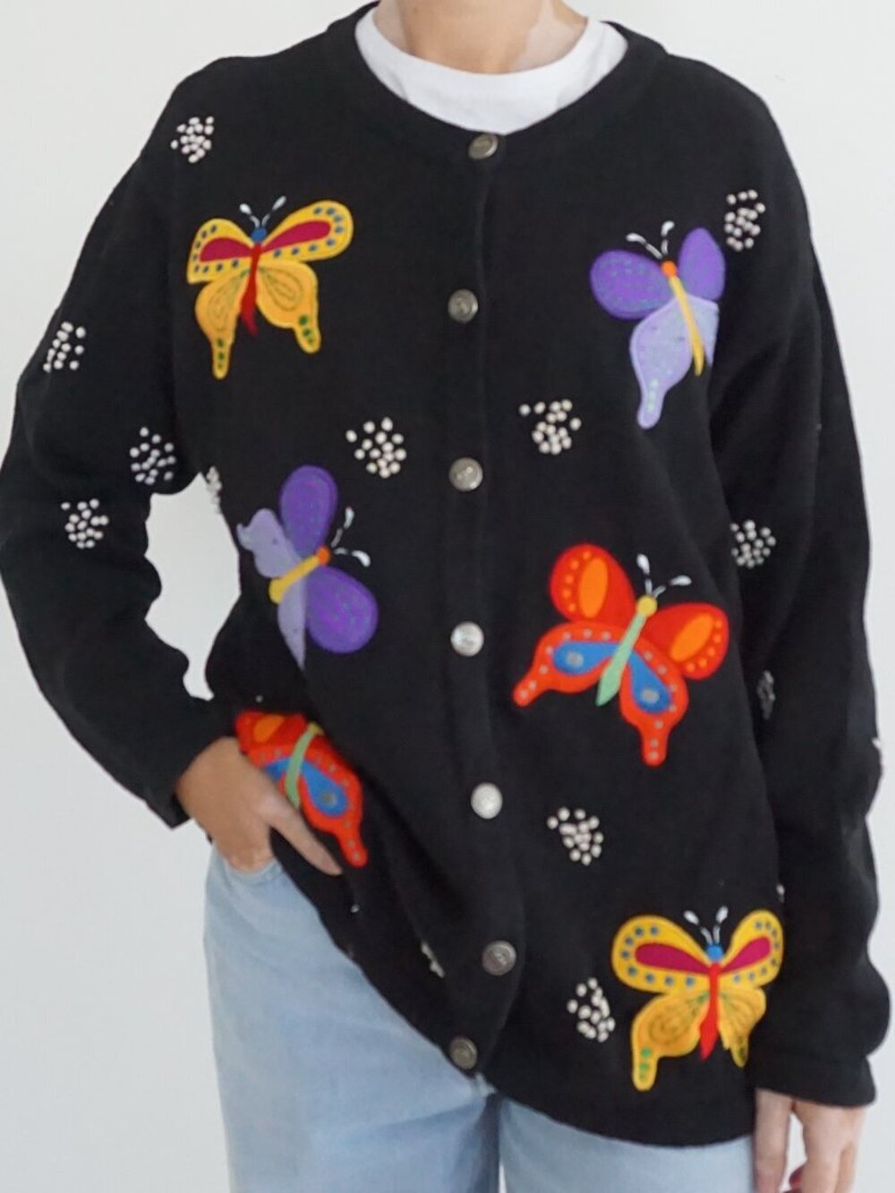 Vintage Quacker Factory Black Butterfly Embellished Button Front Knit Cardigan L